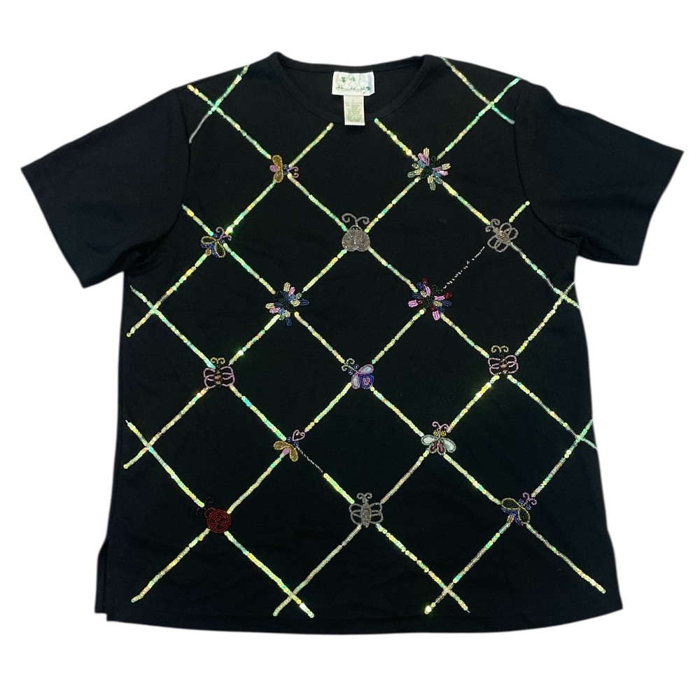 Quacker Factory Black Tee Bugs Butterflies Bees Sequins Beads Size Large